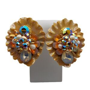 Signed Pamela Shafer Porcelain Shell Clip On Earrings AB Faux Pearl Mixed Beads
